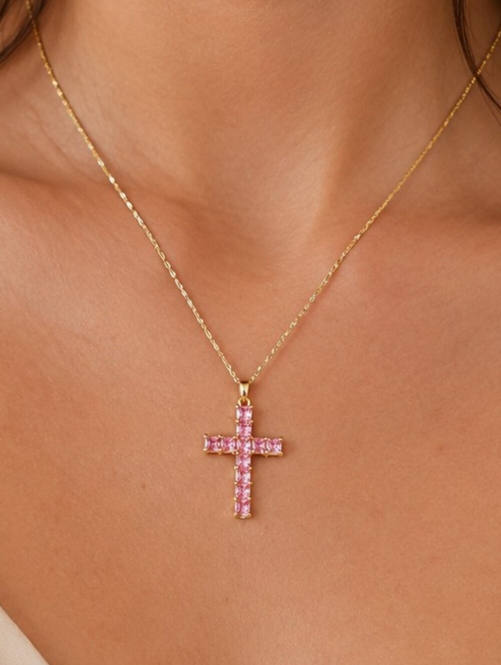 Pink Cubic Zirconia Cross Necklace Gold Tone 18" XL194 New